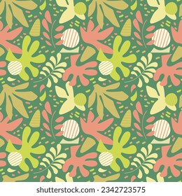 Seamless pattern with abstract elements resembling plant forms. Green, pink color. For the design of fabric, wrapping paper, wallpaper.