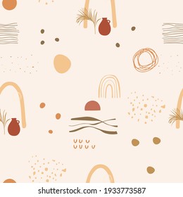 Seamless pattern with abstract elements, sea, sun, vase and dots. Vector illustration for textiles in beige and brown colors.