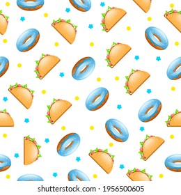 Seamless Pattern Abstract Elements Tacos And Donut Fast Food Vector Design Style Background Illustration