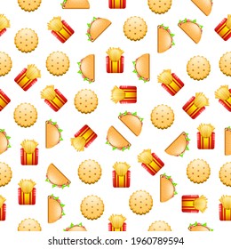 Seamless Pattern Abstract Elements Tacos Cookie And French Fries Fast Food Vector Design Style Background Illustration