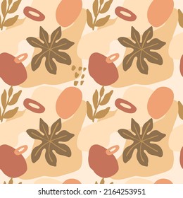 Seamless pattern with abstract elements, tropical leaves, lines, ovals and dots. Vector illustration of beige, green and brown colors for textiles.