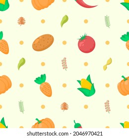 Seamless Pattern Abstract Elements Vegetables Food Leaves Vector Design Style Background Illustration Texture For Prints Textiles, Clothing, Gift Wrap, Wallpaper, Pastel