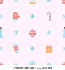 Seamless Pattern Abstract Elements Winter Happy New Year Socks, Gifts With Snowflakes Vector Design Style Background Illustration Texture For Prints Textiles, Clothing, Gift Wrap, Wallpaper, Pastel