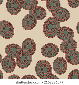 Seamless pattern with abstract ellipse shapes and spiral motifs. Red and green ovals on light background.