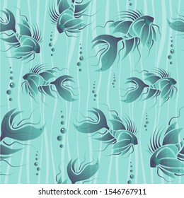 Seamless pattern. Abstract emerald fish, waves and bubbles on light menthol background. Creative illustration.