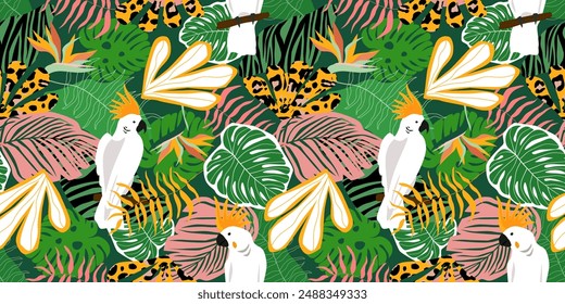 Seamless pattern with abstract esotic birds, leaves. Tropical print with cockatoo parrots. Vector graphics.