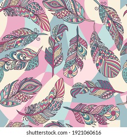 Seamless pattern with abstract ethnic multicolored feathers in zenart style. for design and decoration
