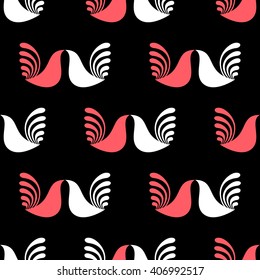 Seamless pattern. Abstract ethnic pattern on black background. Geometric birds pattern Textile birds pattern. Cocks pattern. Monochrome fabric birds pattern. Simple pattern for textile, wrapping paper