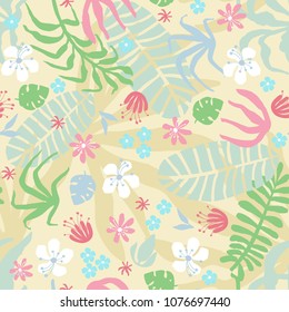 Seamless pattern with abstract exotic flowers and plants on a yellow background. Hand-drawn background in a vector.