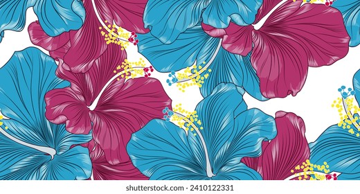 Patrón sin foco con flor abstracta de hibiscos exóticos.