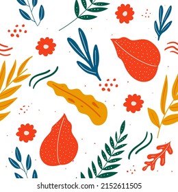 Seamless pattern with abstract exotic leaves. Bright leaves, branches and flowers on a white background. For wallpaper, printing on fabric, gift paper.