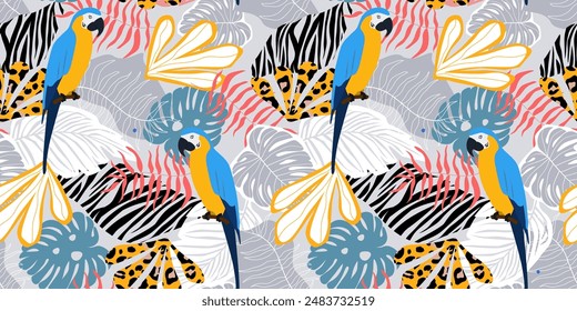 Seamless pattern with abstract exotic leaves, plants, birds and parrots. Summer tropical natural pattern. Vector graphics.