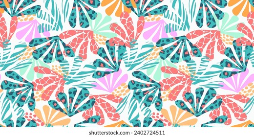 Seamless pattern with abstract exotic, tropical leaves, animal print. Vector graphics.