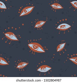 Seamless  pattern with abstract eyes, pop and modern  art  inspired drawing. Navy blue background. Vintage colors.