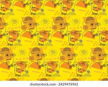 Seamless pattern abstract face portrait person geometric, doodle, line art vector illustration. Graphic design for textile, fabric, wallpaper, wrapping, fashion and background.