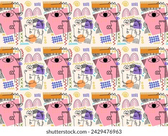 Seamless pattern abstract face portrait person geometric, doodle, line art vector illustration. Graphic design for textile, fabric, wallpaper, wrapping, fashion and background.