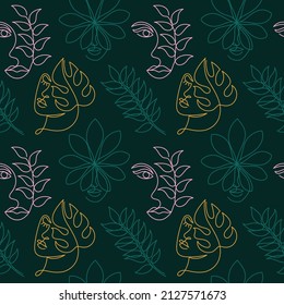 Seamless pattern with abstract faces in a modern minimalist one line style. Tropical green leaves. Continuous line simple drawing. Vector fashion illustration. 