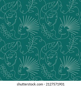 Seamless pattern with abstract faces in a modern minimalist one line style. Tropical green leaves. Continuous line simple drawing. Vector fashion illustration. 