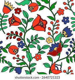 Seamless pattern of abstract fantasy flowers in folk style. Vector illustration in doodle style