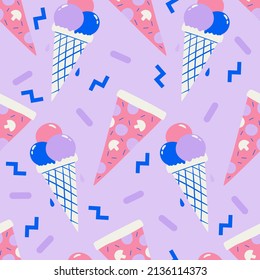 Patrón sin problemas con elementos abstractos de comida rápida. Fondo con porción de pizza a mano y helado. Textura de doodle funky para textil, papel de envoltura, papel de pared, diseño e impresión