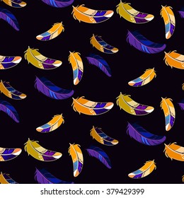 Seamless pattern with abstract feathers. Dark background.