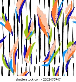 Seamless pattern with abstract feathers, leaves, terry with stripes in boho style vector illustration hand print for textile, fabric, wallpaper, paper, packaging, scrapbooking.