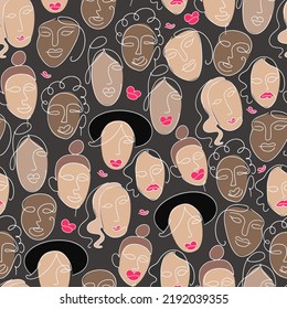 Seamless pattern with abstract female faces drawn in line-art style. Vector illustration.