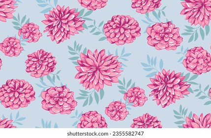  Seamless pattern 
 with abstract, feminine, cute, geantly,  pink flowers with leaves on the light blue background. Vector hand drawn ditsy flowers. Template for surface design