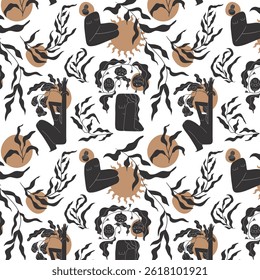 Seamless pattern abstract figures of women flowers