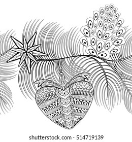 Seamless pattern of abstract Fir branches, Stars and Christmas balls. Hand drawn Vector illustration in zentangle style. Sketch for wallpaper, coloring books, pattern fills. Christmas collection