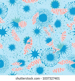 Seamless pattern with abstract fireworks with star and particle. Inscriptions in the style of pop art on salutes. Boom, smile, wow, vip, win, you can, surprize, sale, bam
