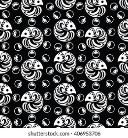 seamless pattern with abstract fish and bubbles on a black background. vector illustration
