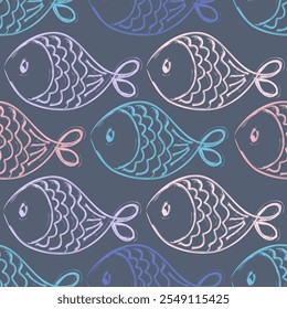 Seamless pattern with abstract fish. A hand-drawn vector background. For postcards, invitations, textile decor, packaging, wallpaper, social media, wrapping paper, cover.