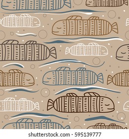 Seamless pattern with abstract fish. Fish white, brown and blue on gray background.