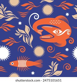 Seamless pattern with abstract fishes