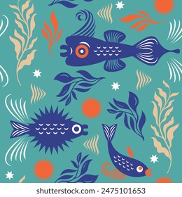 Seamless pattern with abstract fishes