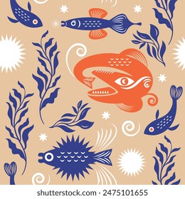 Seamless pattern with abstract fishes