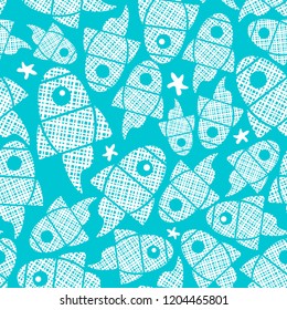 Seamless pattern with abstract fishes in the blue sea. Vector endless pattern.