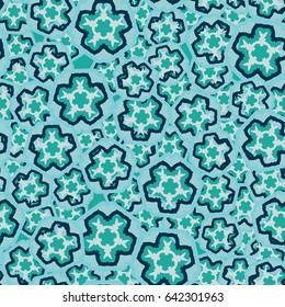 Seamless pattern. Abstract five-petal flowers. Children's textiles. Gray, blue, green, white.