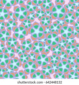 Seamless pattern. Abstract five-petal flowers. Drawing for kids. Pale blue, pale violet, pale pink, green, brown.