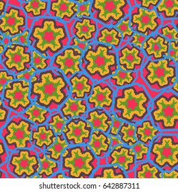 Seamless pattern. Abstract five-petal flowers. Children's textiles. Blue, pink, yellow, green, brown.
