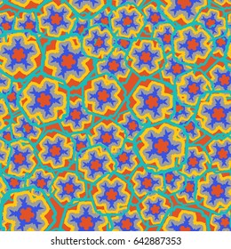 Seamless pattern. Abstract five-petal flowers. Children's textiles. Orange-brown, green-blue, yellow, blue, gray.