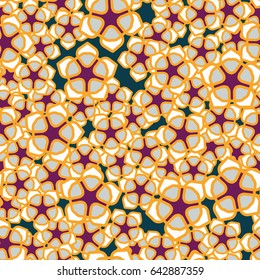 Seamless pattern. Abstract five-petal flowers. Drawing for kids. Purple, yellow, white, gray, green-blue.
