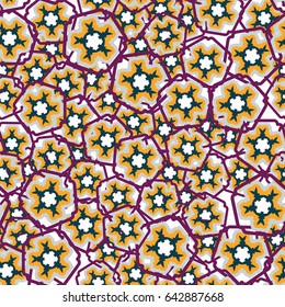 Seamless pattern. Abstract five-petal flowers. Children's textiles. Puprle, yellow, white, gray, green-gray.