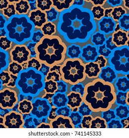 Seamless pattern. Abstract five-petalled flowers are chaotically located.