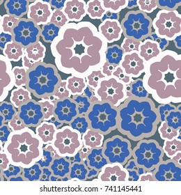 Seamless pattern. Abstract five-petalled flowers are chaotically located.