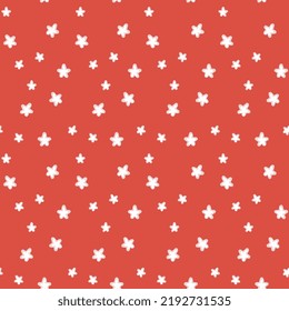 Seamless pattern with abstract five-pointed stars with soft edges in bright contrast red and white colours. Vector illustration in hand drawn flat style for wrapping paper, fabric and textile