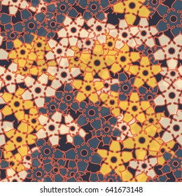 Seamless pattern. Abstract a five-sided flowers. Chaotic order. Fashionable women's and children's camo. Orange, yellow, gray tones.