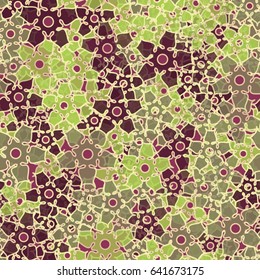 Seamless pattern. Abstract a five-sided flowers. Chaotic order. Fashionable women's and children's camo. Green tones, brown, khaki.