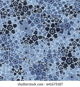 Seamless pattern. Abstract a five-sided flowers. Chaotic order. Fashionable women's and children's camo. Blue tones.